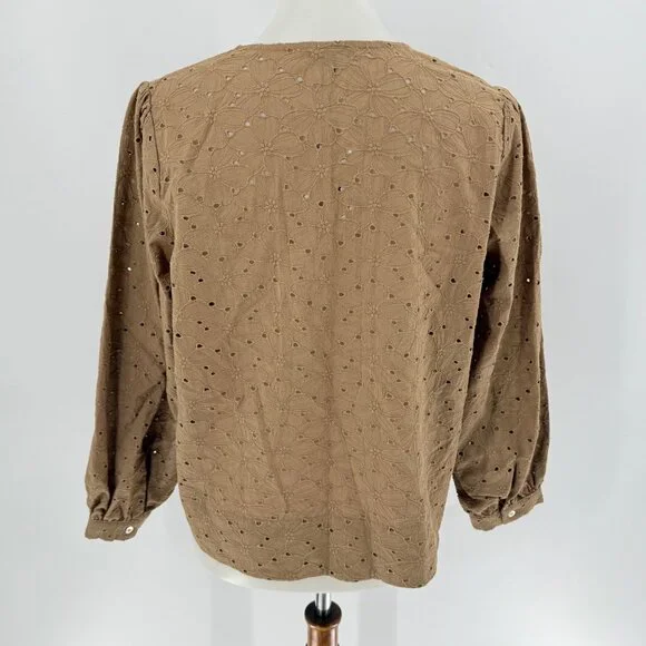 Serra By Joie Rucker Womens Dune Brown Embroidered Button-Up Blouse 3/4 Sleeves, - Picture 2 of 4